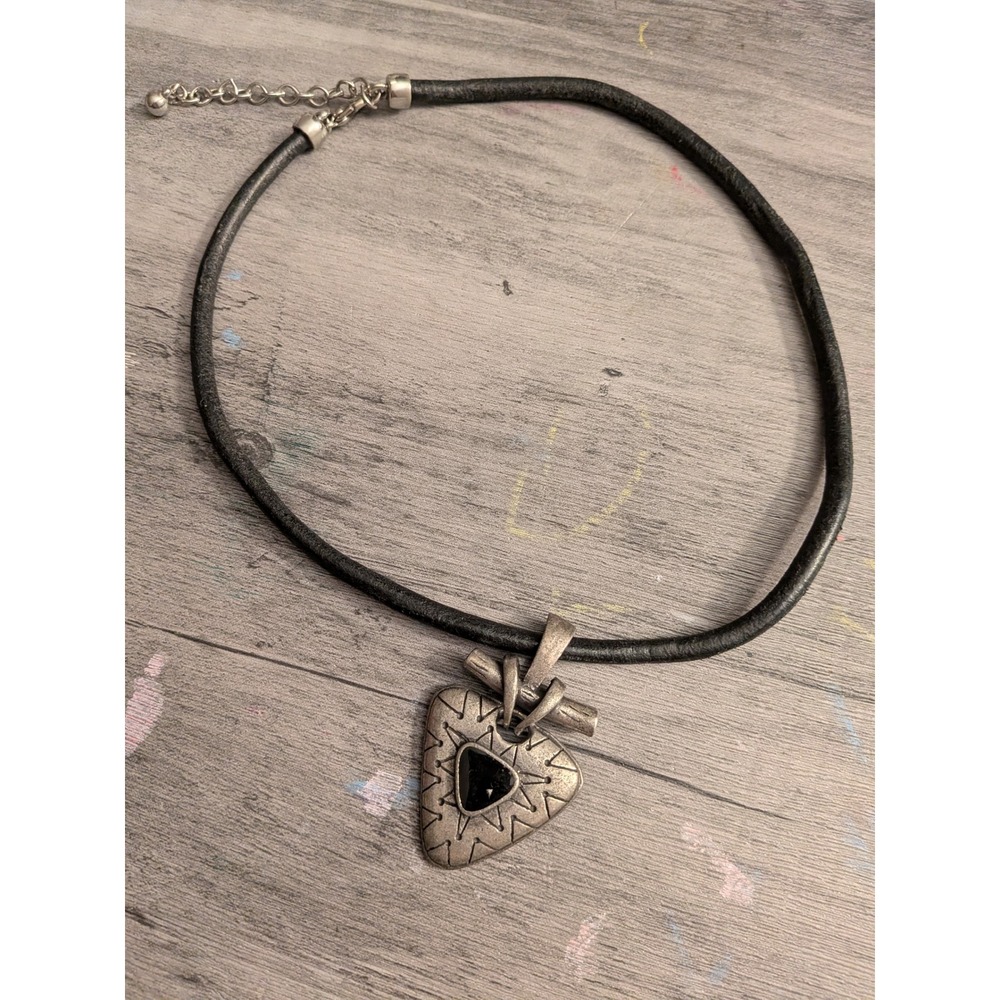 Vintage Boho Tribal Heart Pendant Black Leather Cord Necklace Pewter Tone